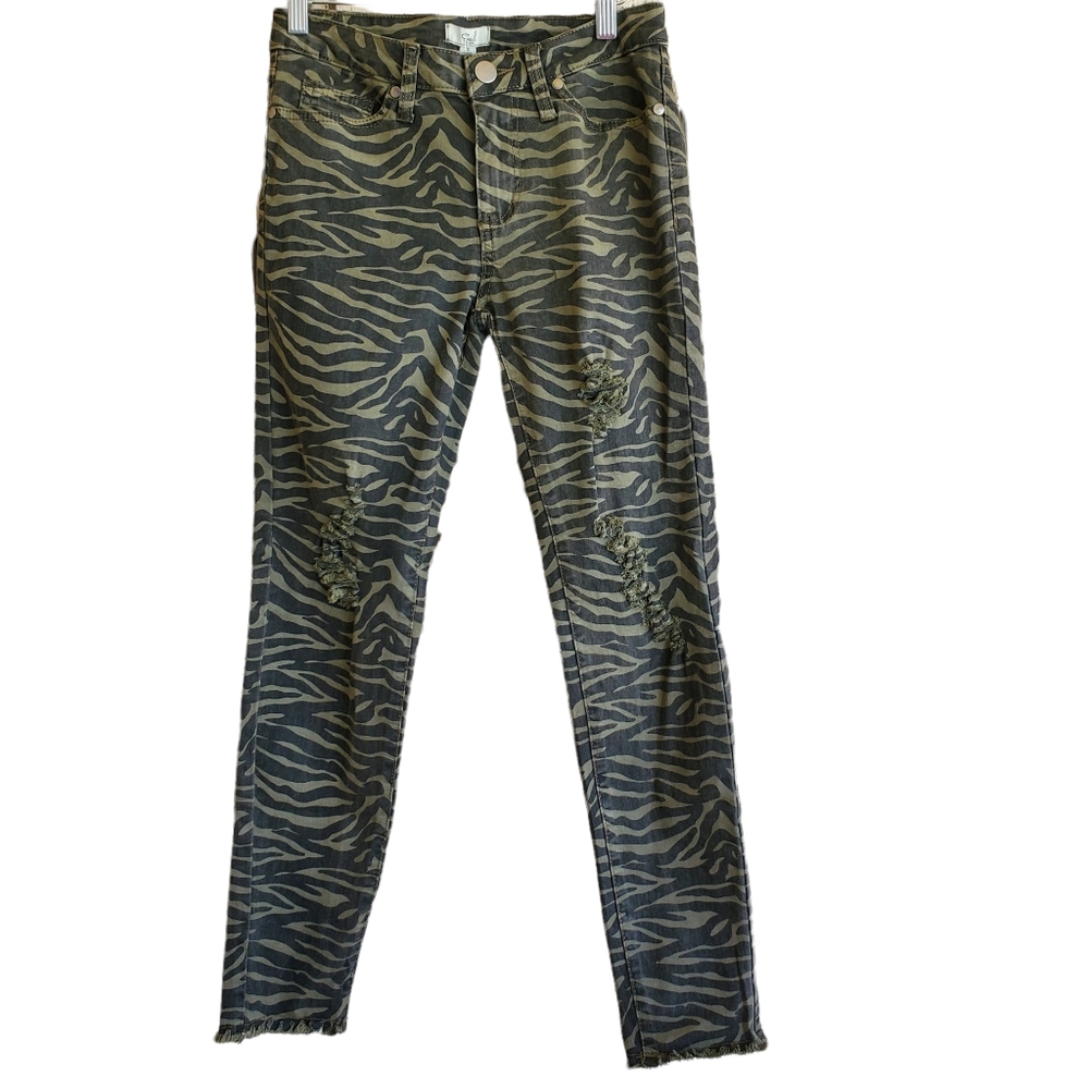 Easel Olive Green Black Tiger Print Distressed Skinny Jeans Size Small 4-6